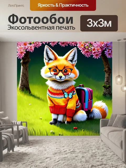 Фотообои лисенок с пушистым хвостом в ярком свитере