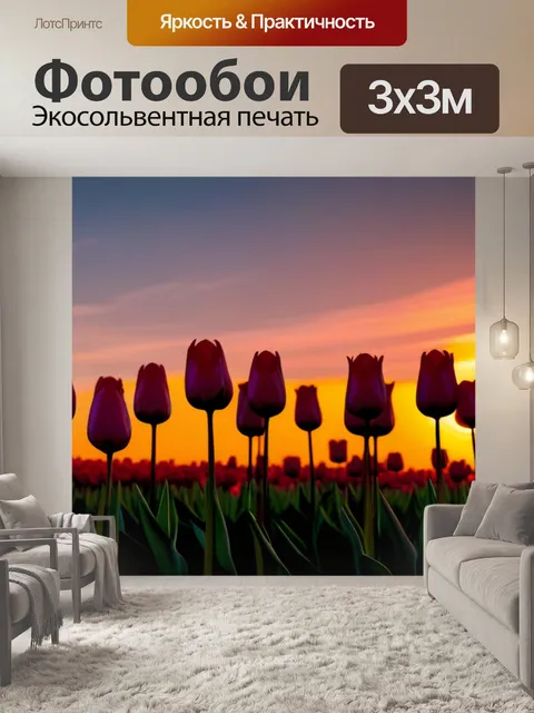 Фотообои силуэты тюльпанов на фоне заката