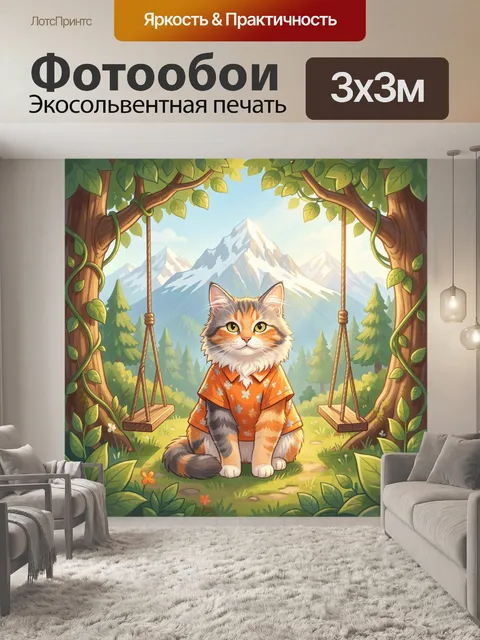 Фотообои Кот на лесных качелях
