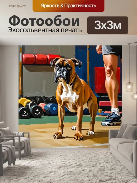 Фотообои сцена тренировки, где боксер собака с выражением сосредоточенности выполняет команды своего хозяина