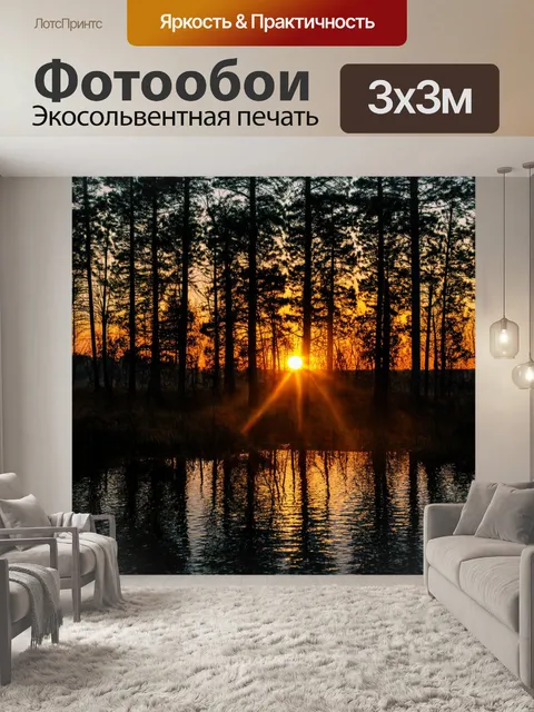 Фотообои закат за деревьями в лесу, с отражением света в водоеме