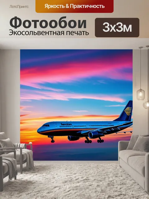 Фотообои цветное закатное небо с самолётом
