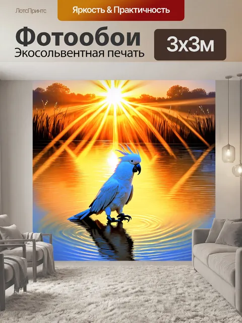 Фотообои птица корелла на фоне ярких закатных лучей, отражающихся в спокойной воде пруда