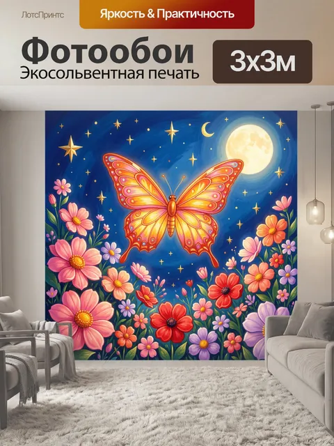 Фотообои Светящаяся бабочка над цветами