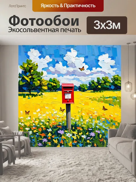 Фотообои промт: летний пейзаж поля, в центре которого стоит ярко-красный почтовый ящик, окруженный цветами и бабочками