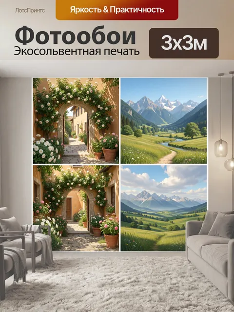 Фотообои Цветущий дворик и альпийская долина