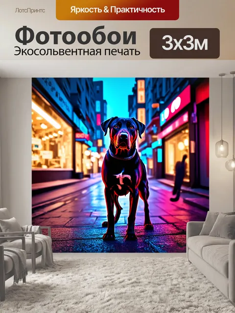 Фотообои лабрадор, стоящий на ярком фоне городской улицы в вечернее время, окружённый огнями витрин