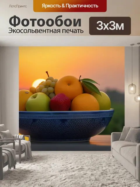 Фотообои чаша с фруктами на фоне заката