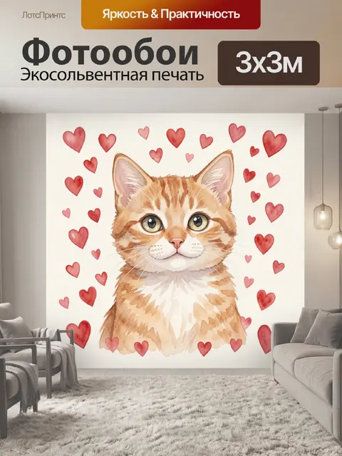 Фотообои Акварельный рыжий кот с сердцами