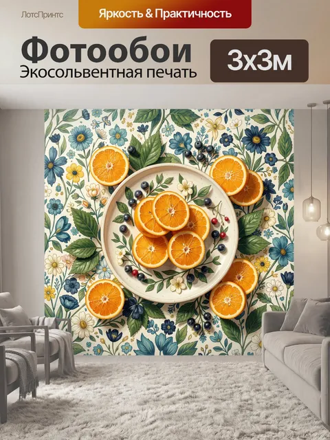 Фотообои Апельсины на тарелке среди цветов
