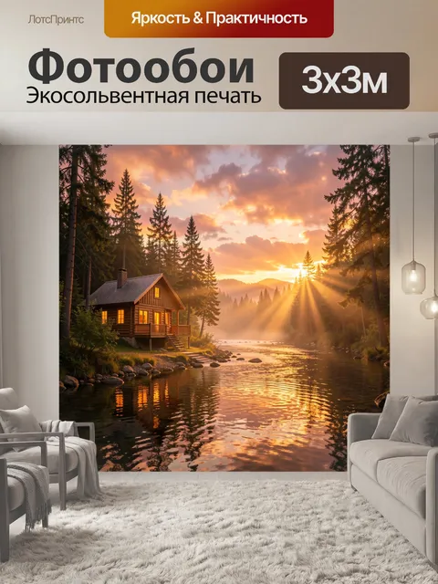 Фотообои Лесной дом у реки на закате