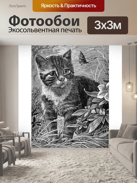 Фотообои Винтажное Искусство Кошка Бабочка