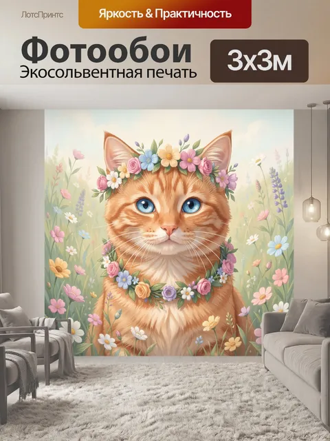 Фотообои Рыжий кот в цветочной короне