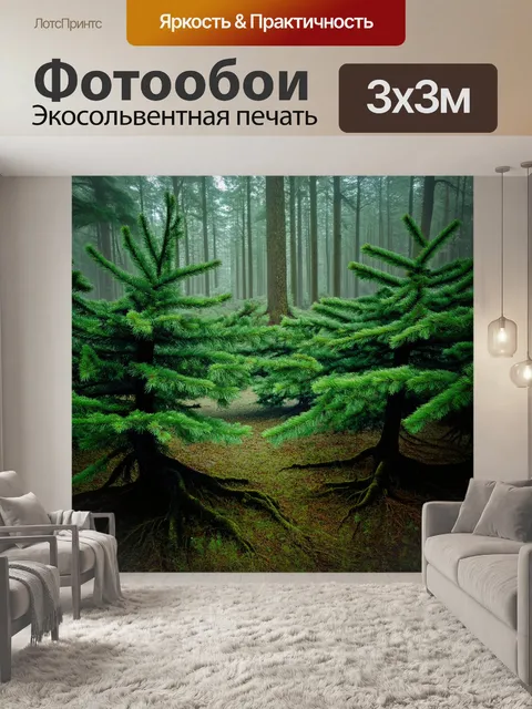 Фотообои густой лес елей, где ветви полны зелени, а туман лениво стекает по земле, создавая ощущение покоя