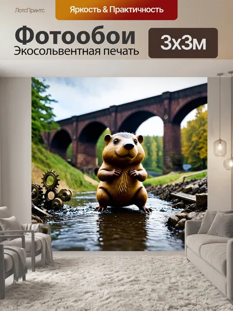 Фотообои животные в стиле стимпанк: механический бобер, строящий плотину из шестеренок на фоне парового моста