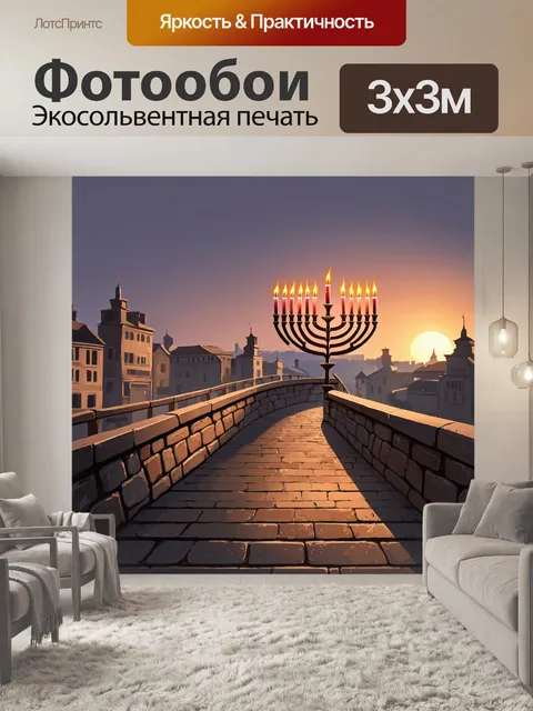 Фотообои мост в еврейском городе, где на фоне заката стоит большая менора с горящими свечами