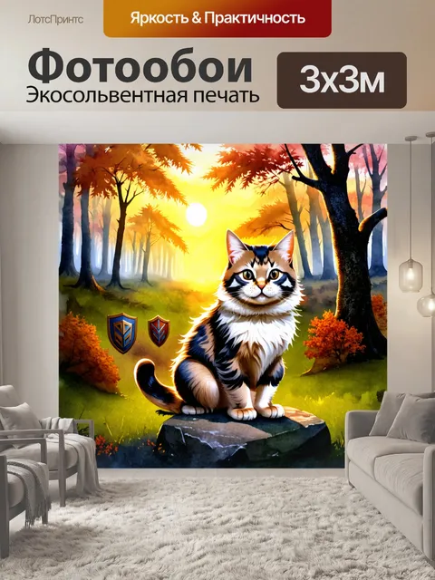 Фотообои в густом лесу на закате, кот восседает на камне, его шерсть переливается всеми цветами осени