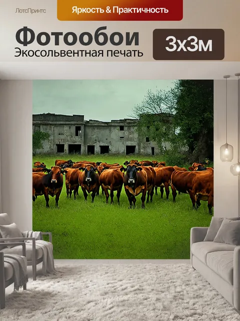 Фотообои стадо коров на зеленом пастбище
