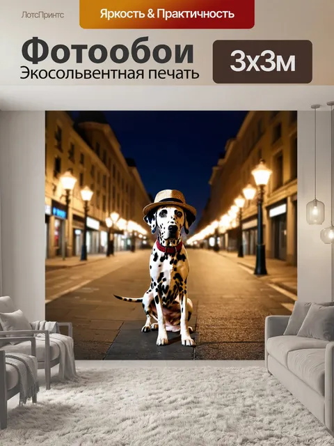 Фотообои далматинец с шляпой, стоящий на городской улице, фонари, вечернее время, стильный городской образ