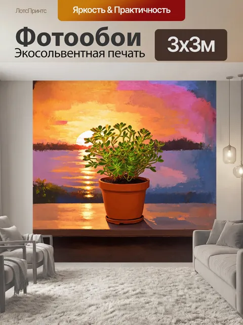 Фотообои на фоне заката, крассула яйцевидная в терракотовом горшке придает магический вид вечерней обстановке