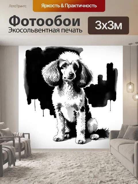 Фотообои мягкий и художественный стиль акварели, изображающий пуделя, сидящего на изысканном черно-белом фоне