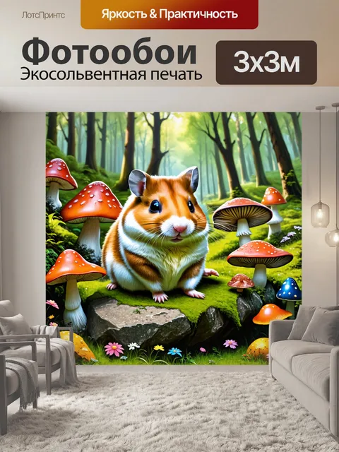 Фотообои хомяк, позирующий на древнем каменном глыбе, среди густого лесного подлеска и ярких грибов