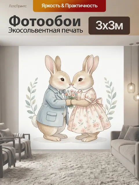 Фотообои Зайцы в свадебных нарядах с букетом
