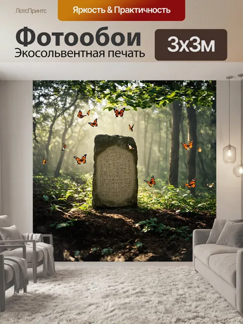 Фотообои в глухом лесу, укрытом утренним туманом, стоит каменный планшет, на котором резными иероглифами написано…