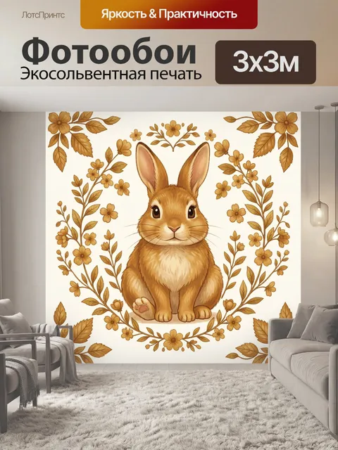Фотообои Рыжий кролик в цветочном венке