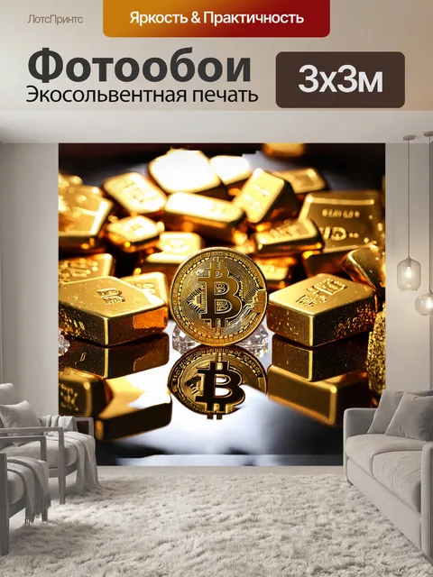 Фотообои золотая монета в форме биткоина лежит на кристально чистой поверхности с нежным отражением света