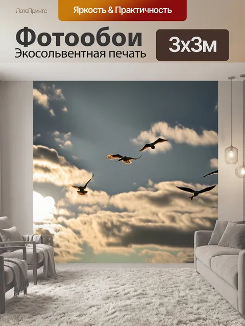 Фотообои летящие стаи птиц на фоне облаков, когда солнечный свет пробивается сквозь облака, освещая их золотым светом