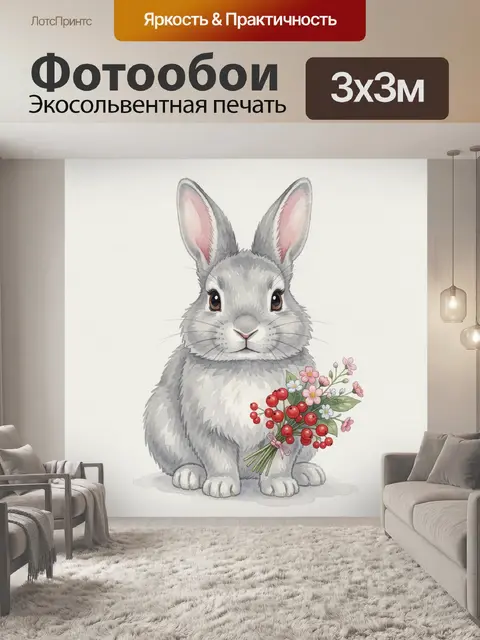 Фотообои Зайчик с букетом ягод и цветов