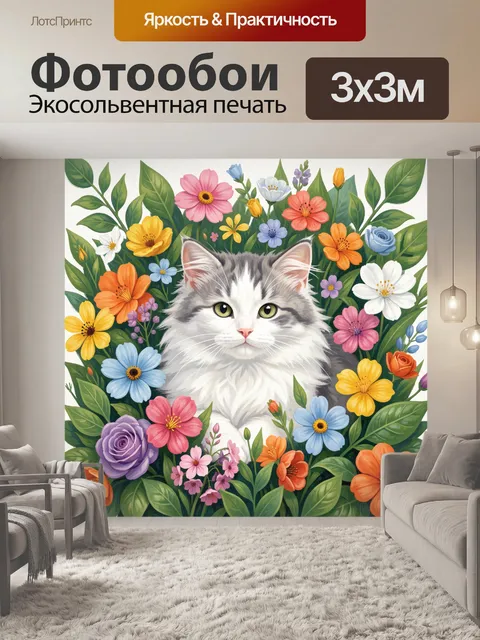 Фотообои Белый кот среди полевых цветов