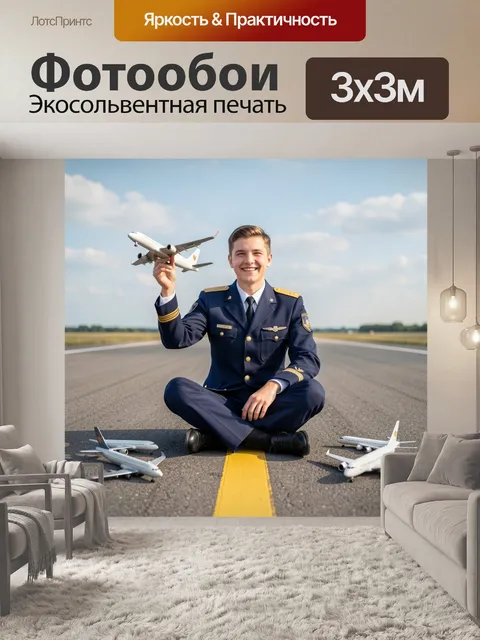 Фотообои Улыбающийся молодой пилот в тёмно-синей форме с золотыми нашивками на рукавах сидит скрестив ноги прямо на…