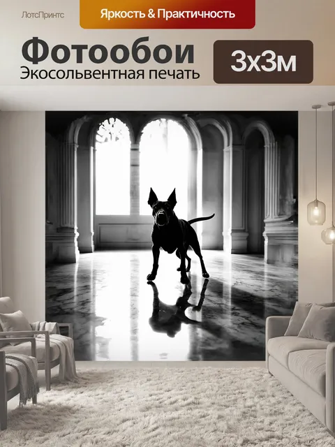 Фотообои черная собака, играющая в белом мраморном зале, полностью отражающем её движения, словно пляшущий силуэт