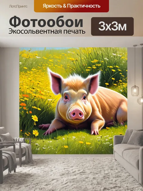 Фотообои в уединенном уголке луга, цветущем яркими дикими цветами, дикая свинья почивает, обрамленная зелёными травами
