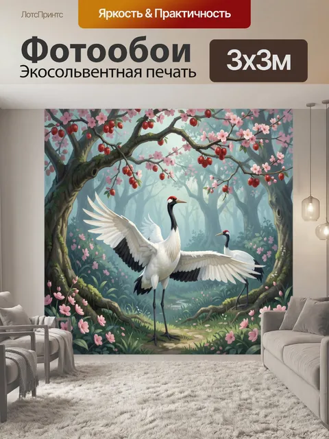 Фотообои Журавли в цветущем лесу