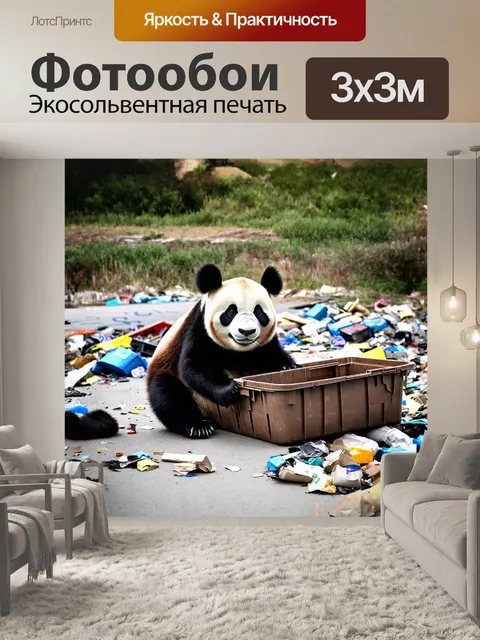 Фотообои панда, являющаяся центром композиции, сидит среди выброшенных мусорных предметов, пытаясь поднять старый…
