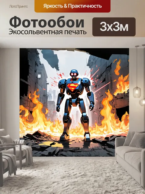 Фотообои статный робот в форме супергероя, с лазерными глазами, вырывается из горящей городской руины