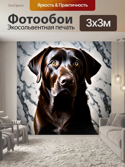 Фотообои голова лабрадора ретривера, смотрящего на зрителя, окруженная фоновой текстурой мрамора