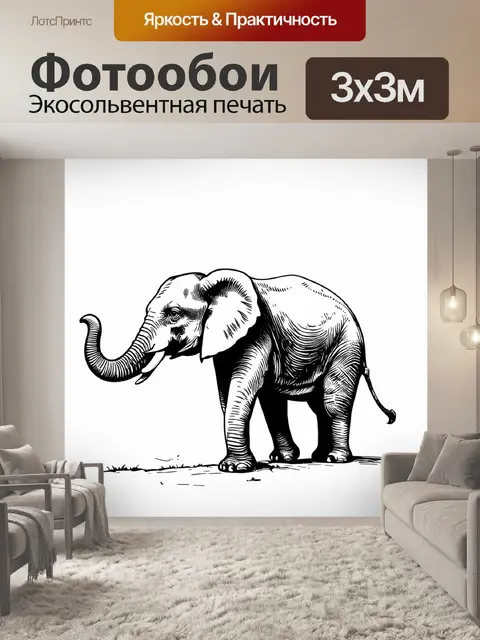 Фотообои животные в стиле однострочный рисунок, старый слон, с нежным взглядом