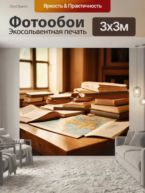 Фотообои винтаж, изображающие старые книги и карты, разложенные на деревянном столе, окруженные мягким светом…
