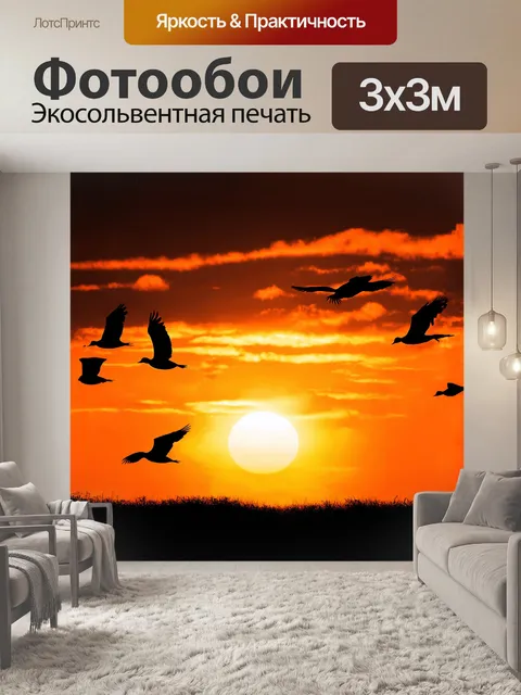 Фотообои абрикосовый закат с силуэтом уток