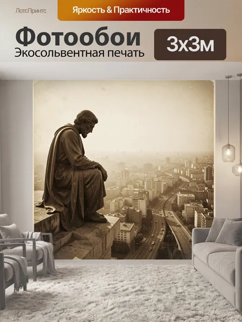 Фотообои Античная статуя над мегаполисом