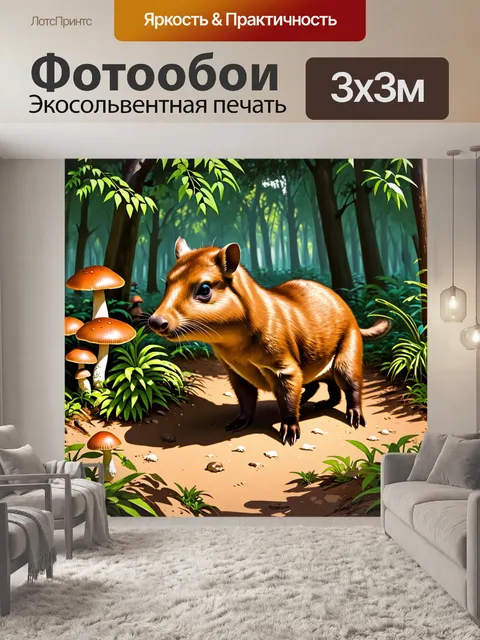 Фотообои капибара, исследующая свой лесной дом, окруженная экзотическими растениями и яркими грибами