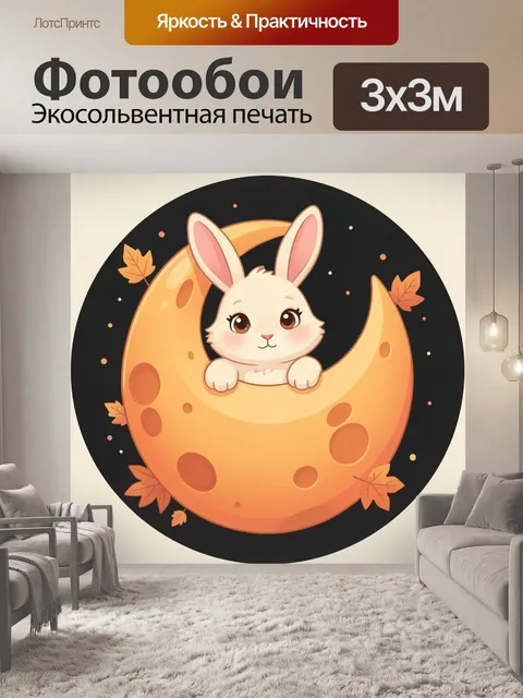 Фотообои Кролик на луне с листьями