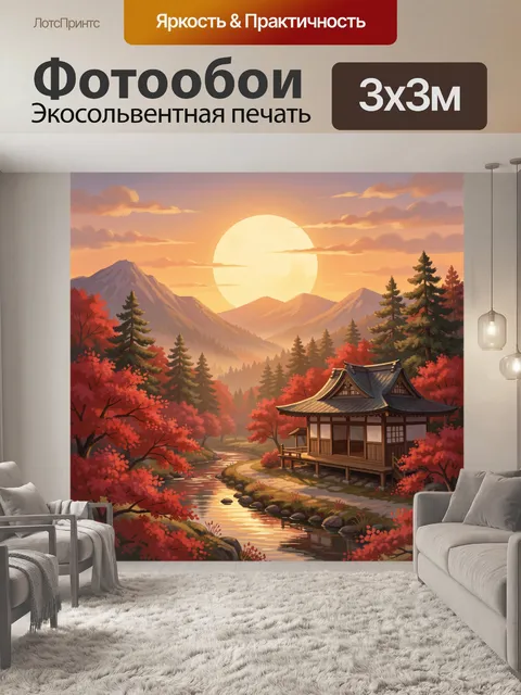 Фотообои Японский дом у реки на закате