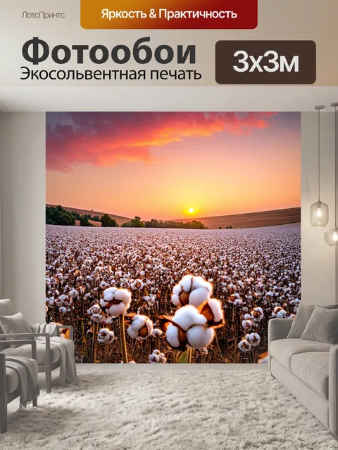 Фотообои хлопок, долина с хлопковыми полями на закате, теплые оранжевые и розовые тона застыли в небе, создают…