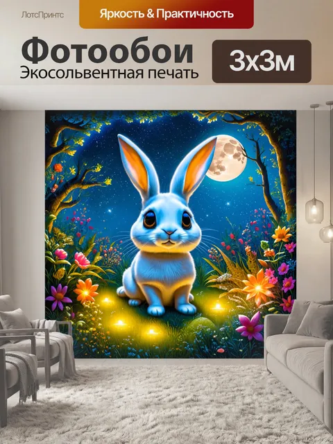 Фотообои сказочные кролики, живущие в волшебном лесу, окруженные светящимися цветами и странными растениями