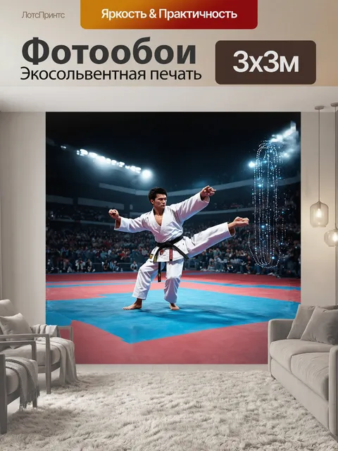 Фотообои в цифровой графике изображена сцена, где каратэка тренируется на фоне урбанистического пейзажа